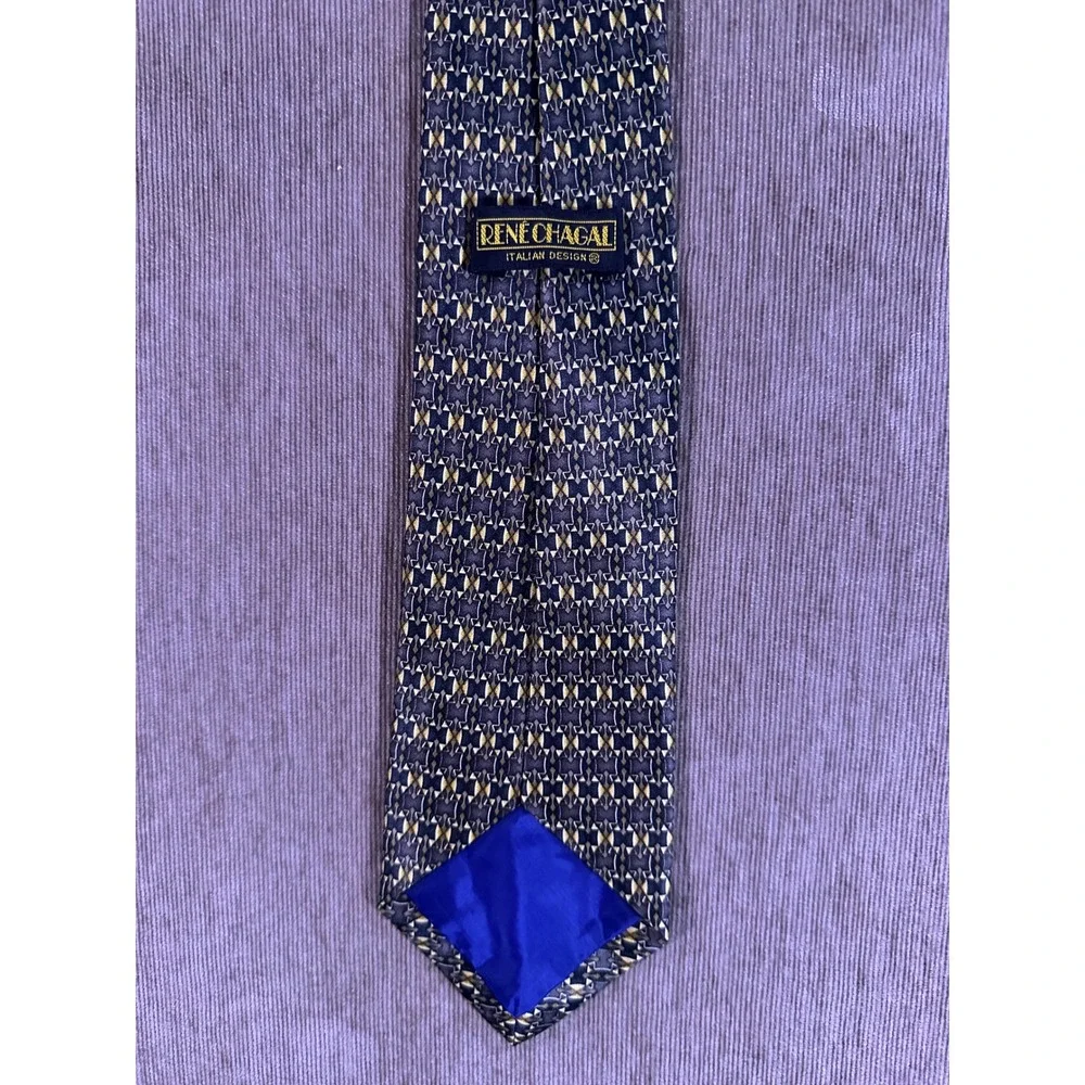 Rene Chagal Mens Silk Tie Navy Blue Gold Geometric Italian Design Necktie